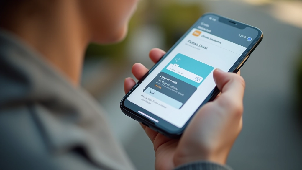 Portefeuille numérique ouvert sur un écran de téléphone, avec icônes de cartes de paiement et montant disponible visible