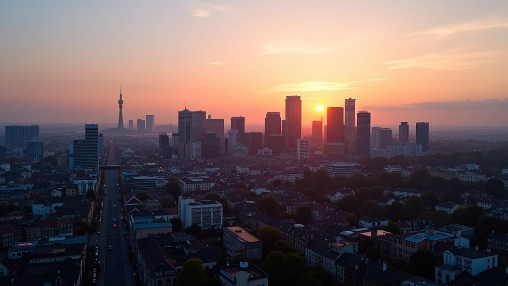 Vue aérienne d'une ville européenne avec monuments historiques et bâtiments modernes illuminés
