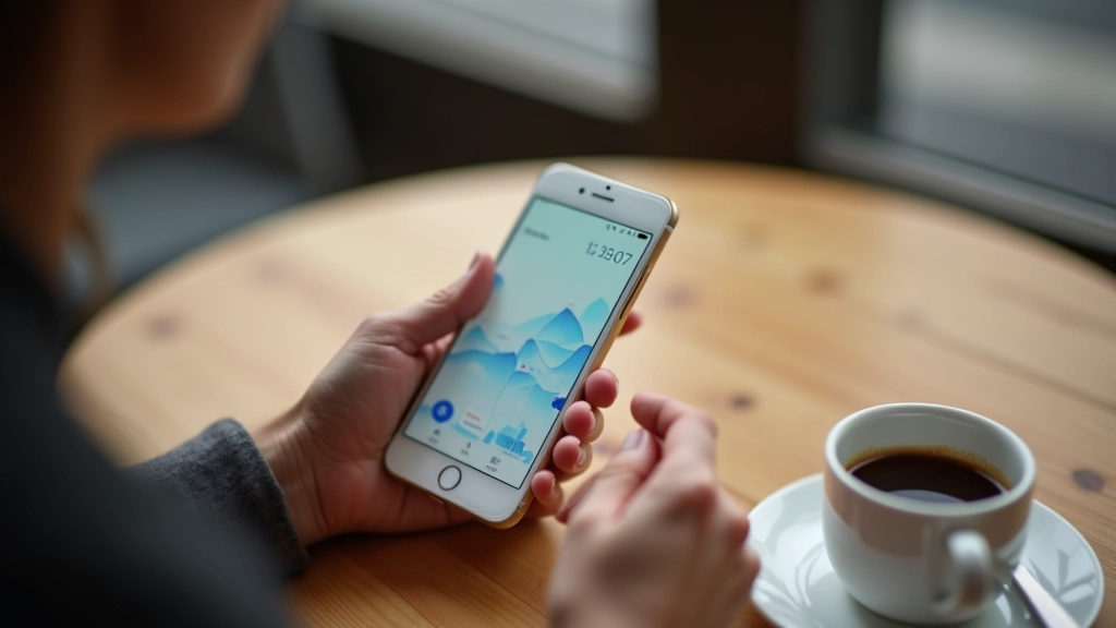 Mains tenant un smartphone affichant une application bancaire, test et évaluation des fonctionnalités