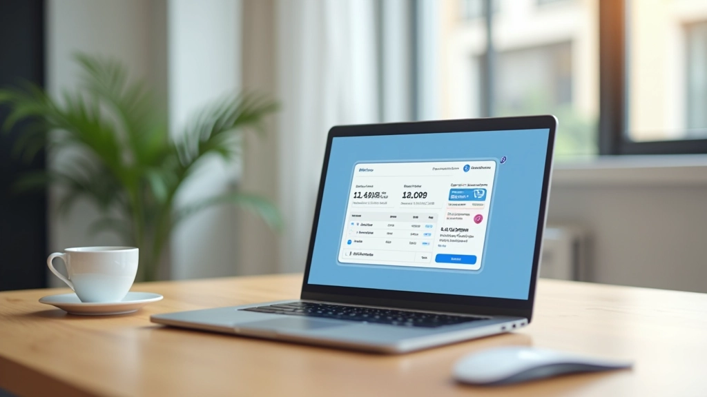 Bureau moderne avec ordinateur portable affichant une interface bancaire numérique, sur un bureau en bois avec une tasse de café