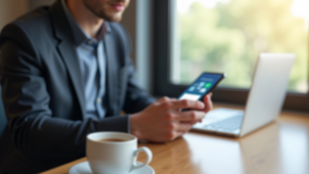 Personne utilisant une application bancaire sur son téléphone, environnement de travail moderne avec café chaud