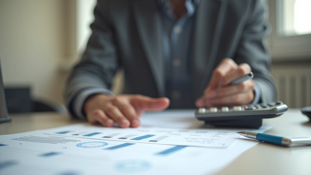 Personne consultant un rapport financier sur papier avec une calculatrice et un stylo à proximité