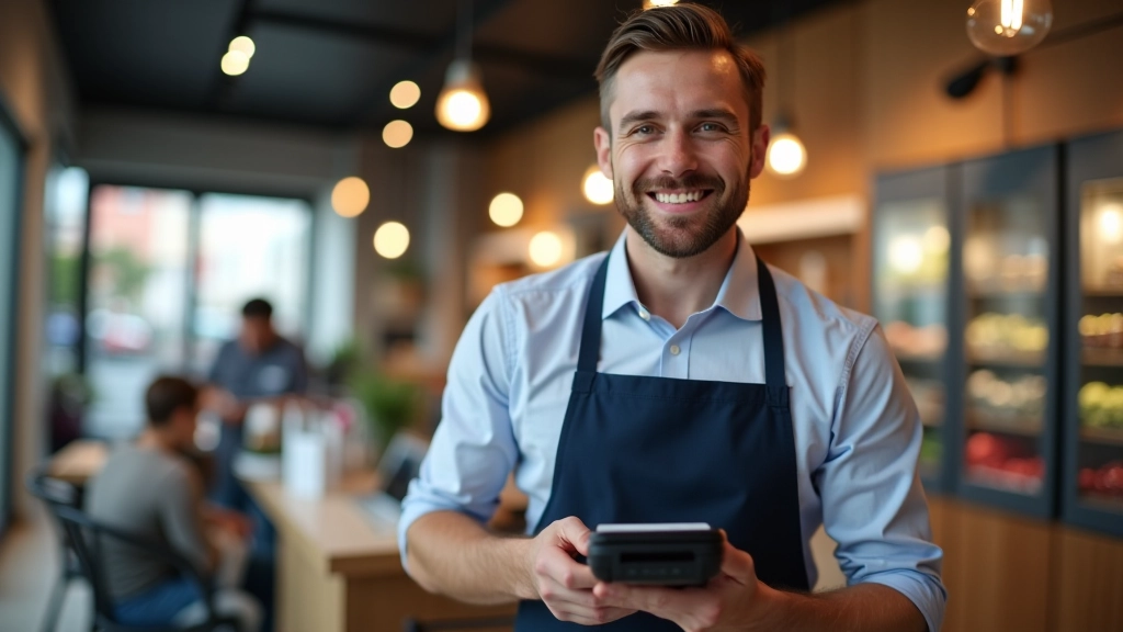 Commerçant tenant un terminal de paiement sans contact acceptant un téléphone intelligent avec portefeuille numérique