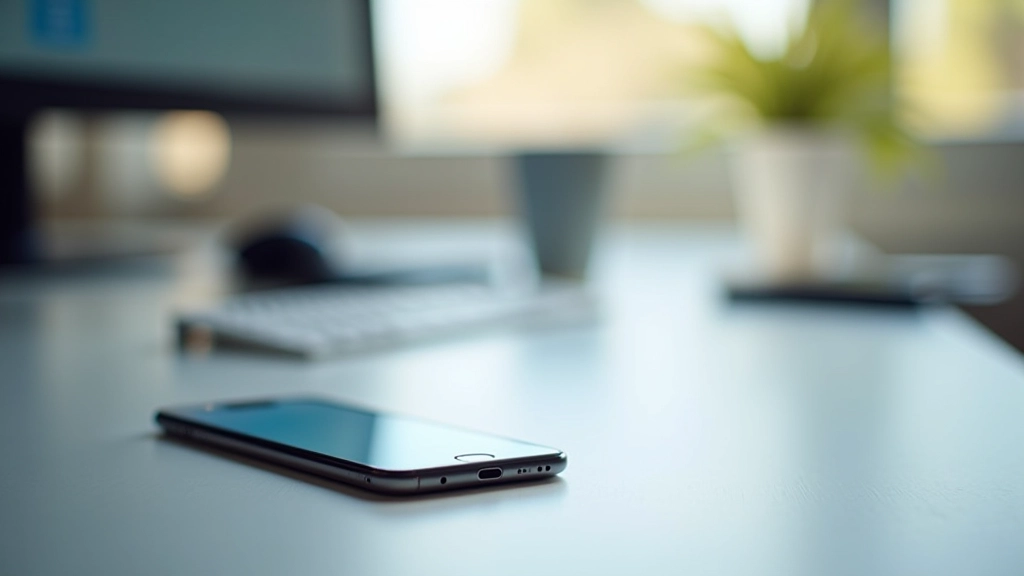 Téléphone affichant une application bancaire avec des transferts automatisés configurés, sur un bureau moderne avec un clavier