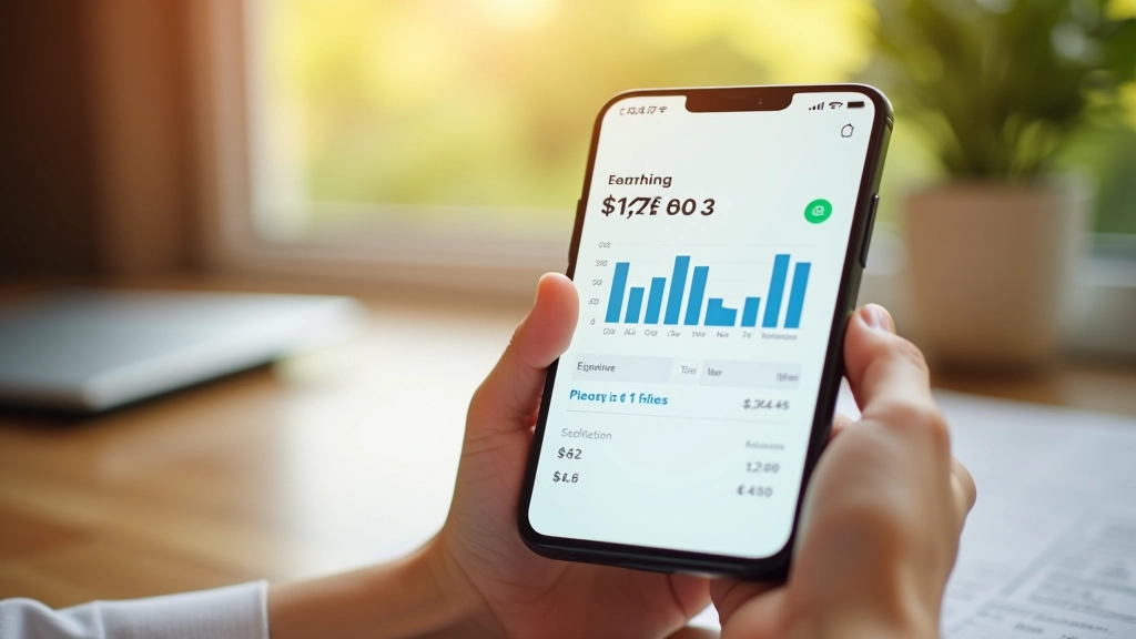 Smartphone affichant une application bancaire avec graphiques de dépenses colorés sur un bureau